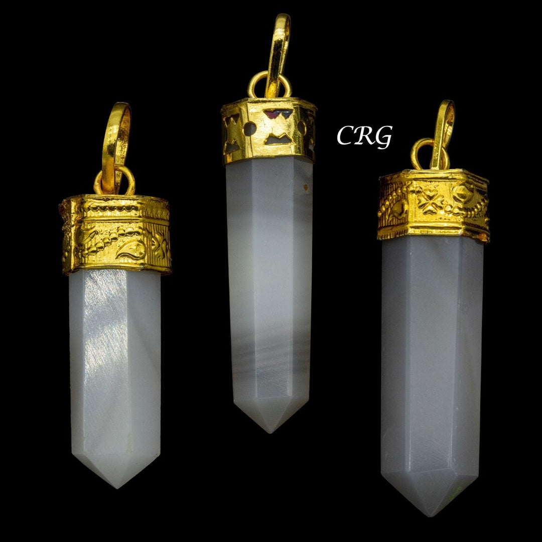 Gray Agate Point Pendant Gold - Plated (3 Pieces) Size 1 to 1.5 Inches 6 - Sided Pencil Point CharmCrystal River Gems