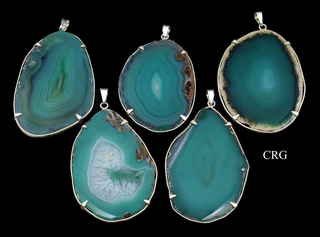 Green Agate Slice in Silver Plated Prong Setting Pendant (4 Pieces)Crystal River Gems