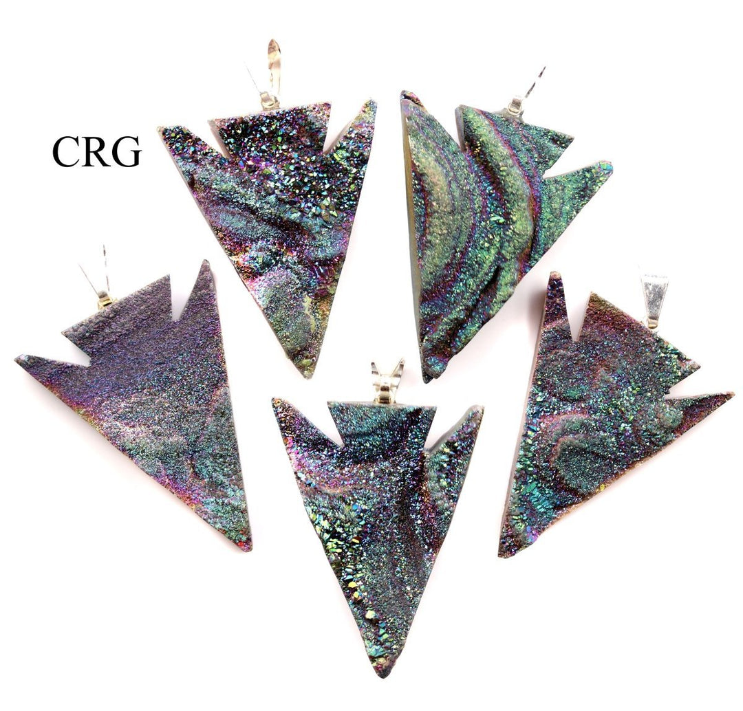 Green Chalcedony Arrowhead Pendant (1 - 1.5 Inches) (1 Pc) Silver - Plated Bail Titanium Aura Druzy Jewelry CharmCrystal River Gems