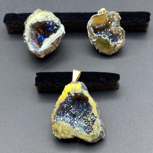 Green Titanium Aura Quartz Geode Pendant with Gold Bail