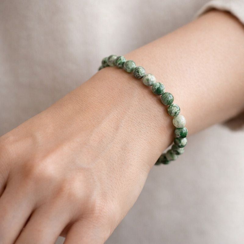 Green & White Jade Tumbled Bead Stretch Bracelet (8mm)Crystal River Gems