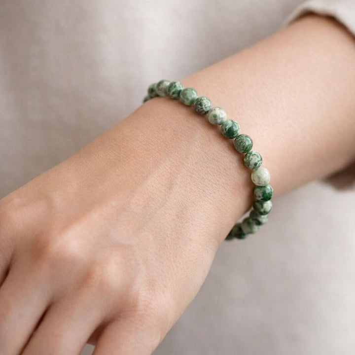 Green & White Jade Tumbled Bead Stretch Bracelet (8mm)Crystal River Gems