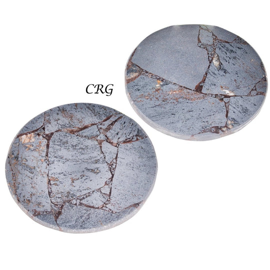 Hematite Top - Polished Round Resin Coaster (1 Piece) Size 4 Inches Crystal Gemstone Home DecorCrystal River Gems