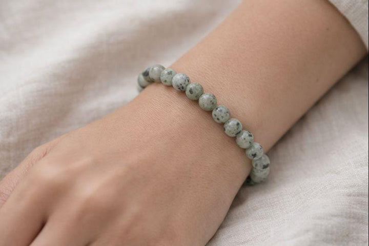 Kiwi Jasper Round Bead Stretch Bracelet (8 mm)Crystal River Gems