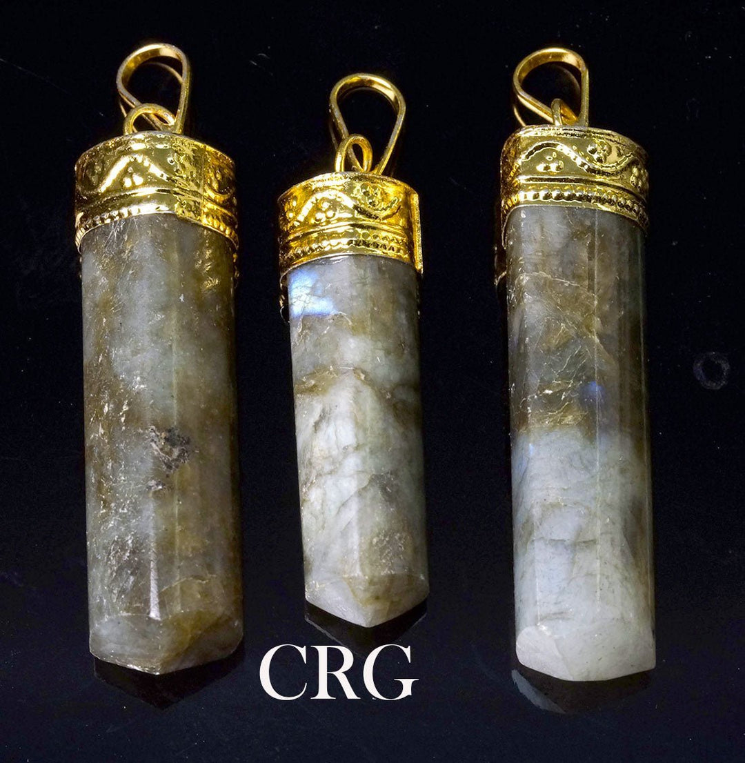 Labradorite 3-Sided Point Pendant with Gold Plating (3 Pieces) Size 2 Inches Crystal Jewelry Charm