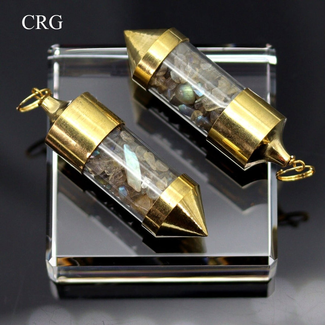 Labradorite Gemstone Chips in Gold - Plated Bottle Pendant (2 Pieces) Size 2.5 InchesCrystal River Gems
