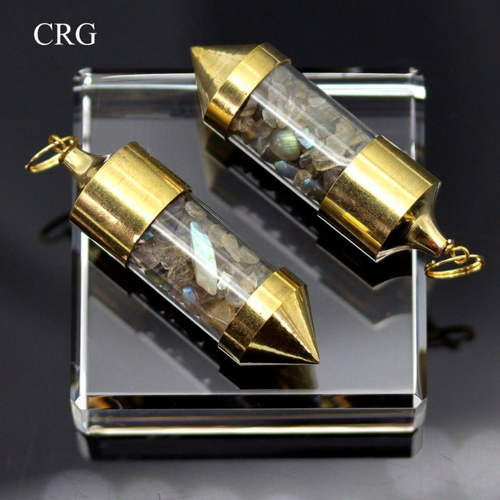 Labradorite Gemstone Chips in Gold - Plated Bottle Pendant (2 Pieces) Size 2.5 InchesCrystal River Gems