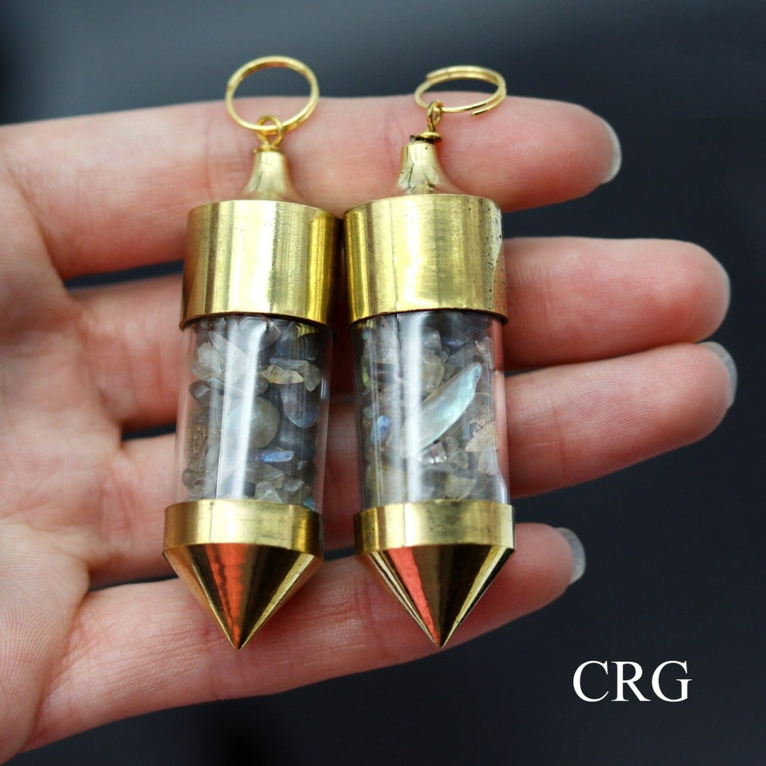 Labradorite Gemstone Chips in Gold - Plated Bottle Pendant (2 Pieces) Size 2.5 InchesCrystal River Gems