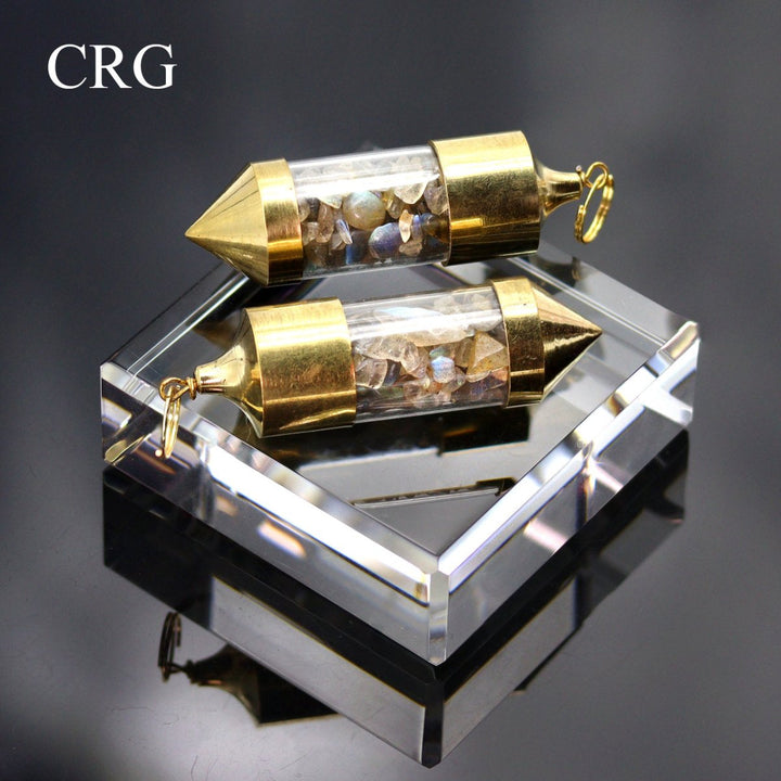 Labradorite Gemstone Chips in Gold - Plated Bottle Pendant (2 Pieces) Size 2.5 InchesCrystal River Gems