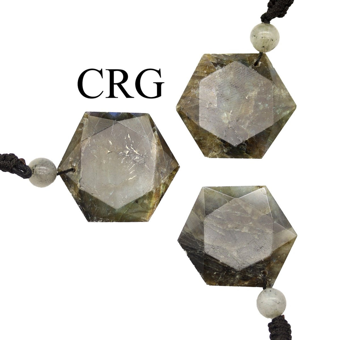Labradorite Hexagon Pendant with Black Cord (4 Pieces) Size 1 Inch Faceted Crystal Jewelry Charm