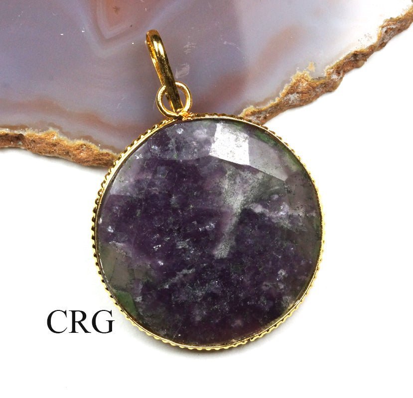 Lepidolite Faceted Round Pendant with Gold Plating (1 Piece) Size 1.5 Inches Crystal Jewelry Charm