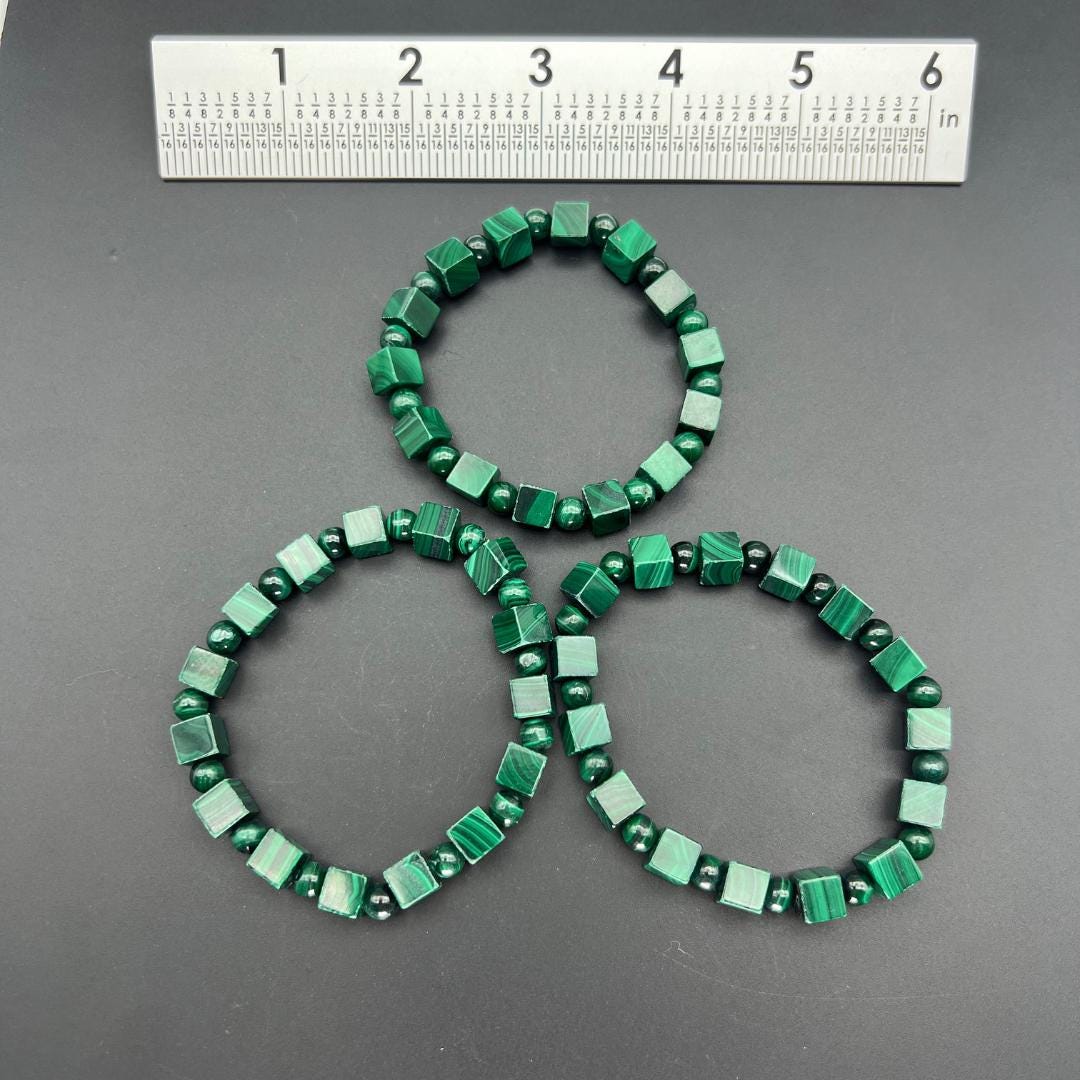 Malachite 7mm Cube and Bead Stretch BraceletCrystal River Gems