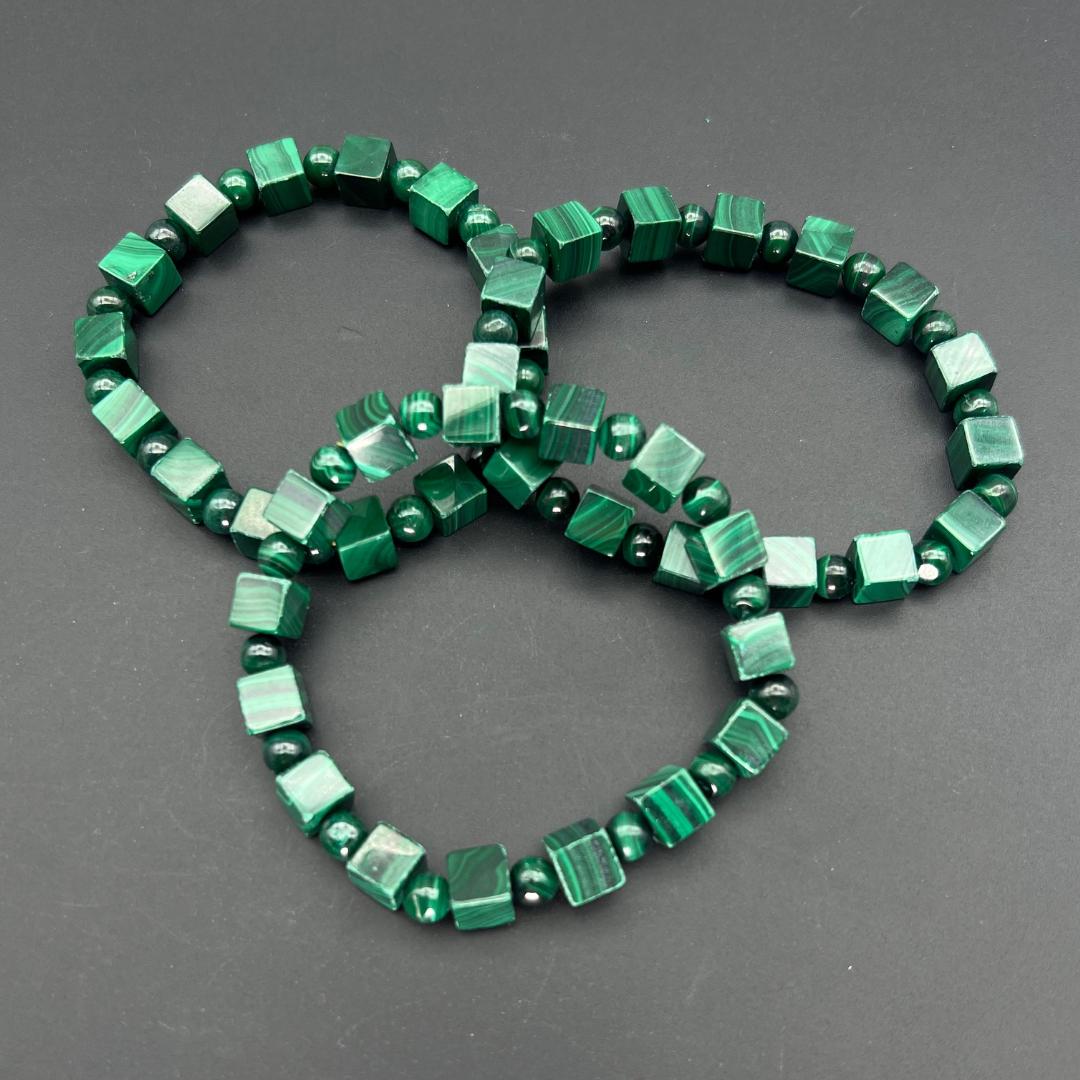 Malachite 7mm Cube and Bead Stretch BraceletCrystal River Gems