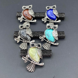 Mixed Gemstone Cabochon Silver Owl Pendant (INJD)
