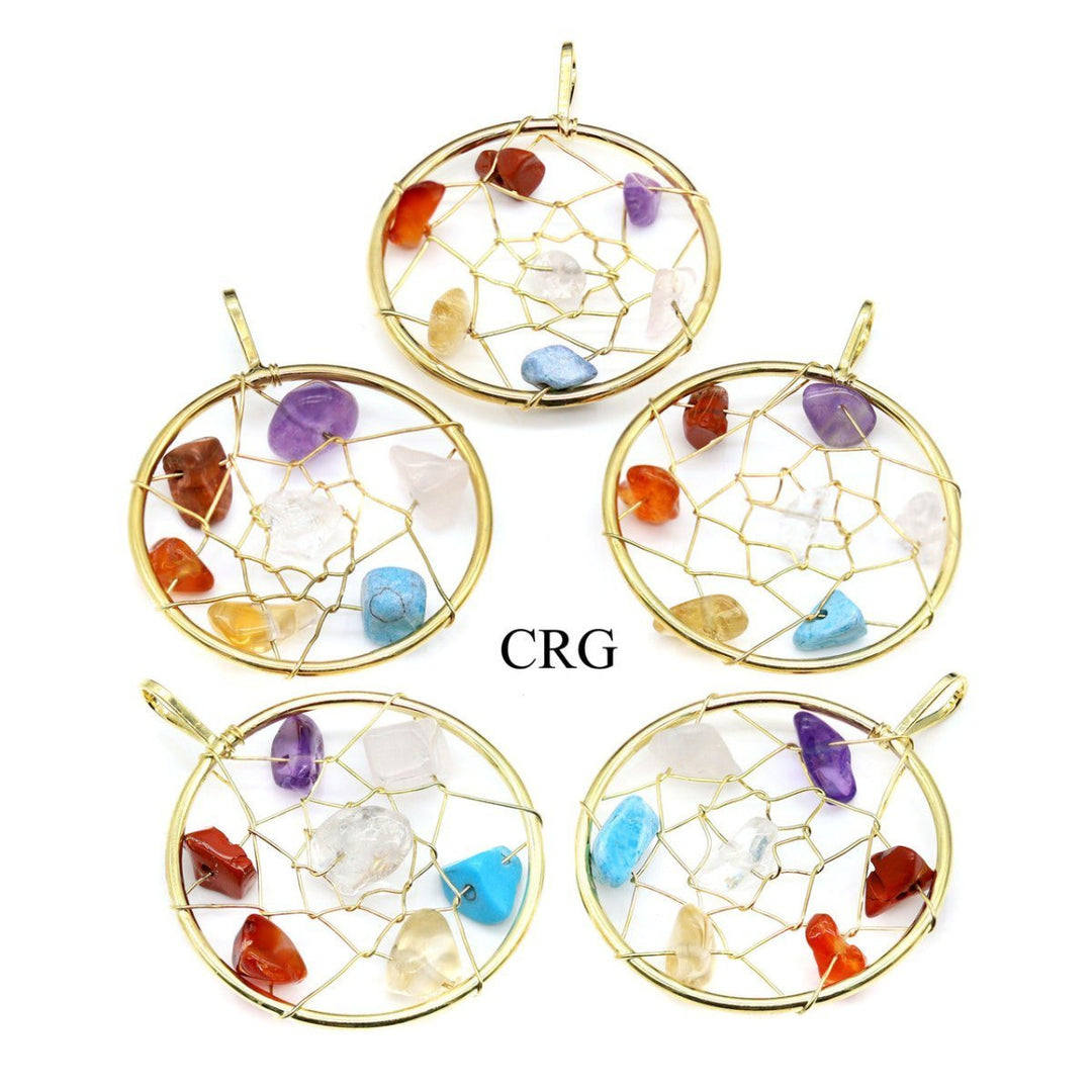 Mixed Gemstone Chips on Gold - Plated Dream Catcher Pendant (4 Pieces) Size 1.5 Inches Crystal Jewelry CharmCrystal River Gems