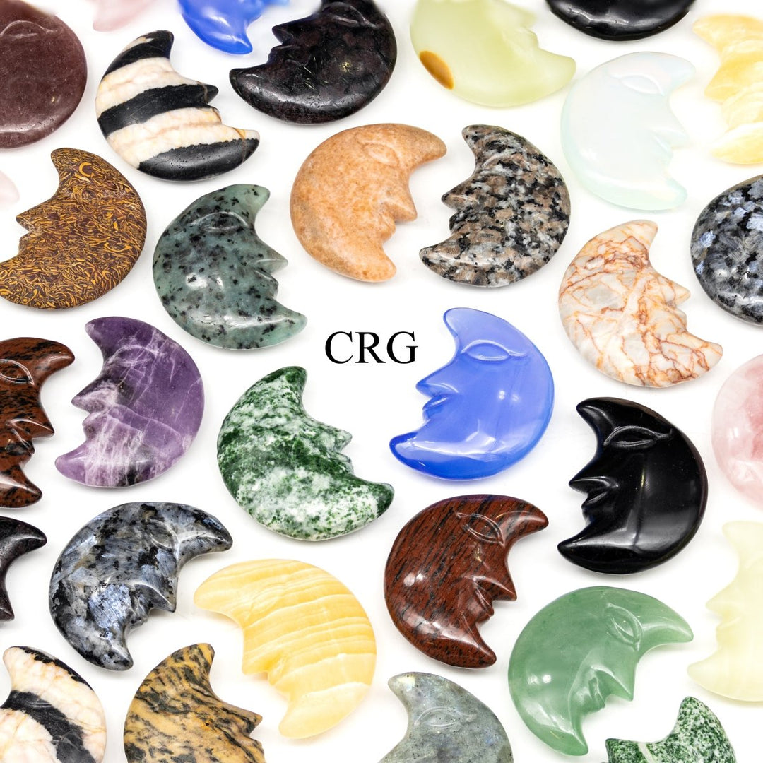 Mixed Gemstone Crescent Moon Faces (4 Pieces) Size 6 to 7 cm Assorted Crystal CarvingsCrystal River Gems