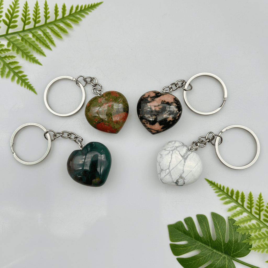 Mixed Gemstone Hearts Stainless Steel Keychain (4 Pieces)Crystal River Gems