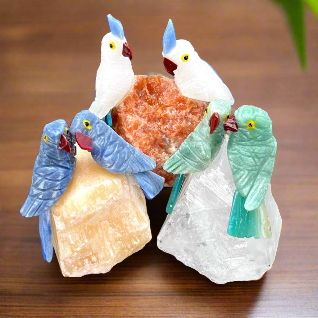 Mixed Gemstone Paired Small Birds Animal Figurine on Raw Stone BaseCrystal River Gems