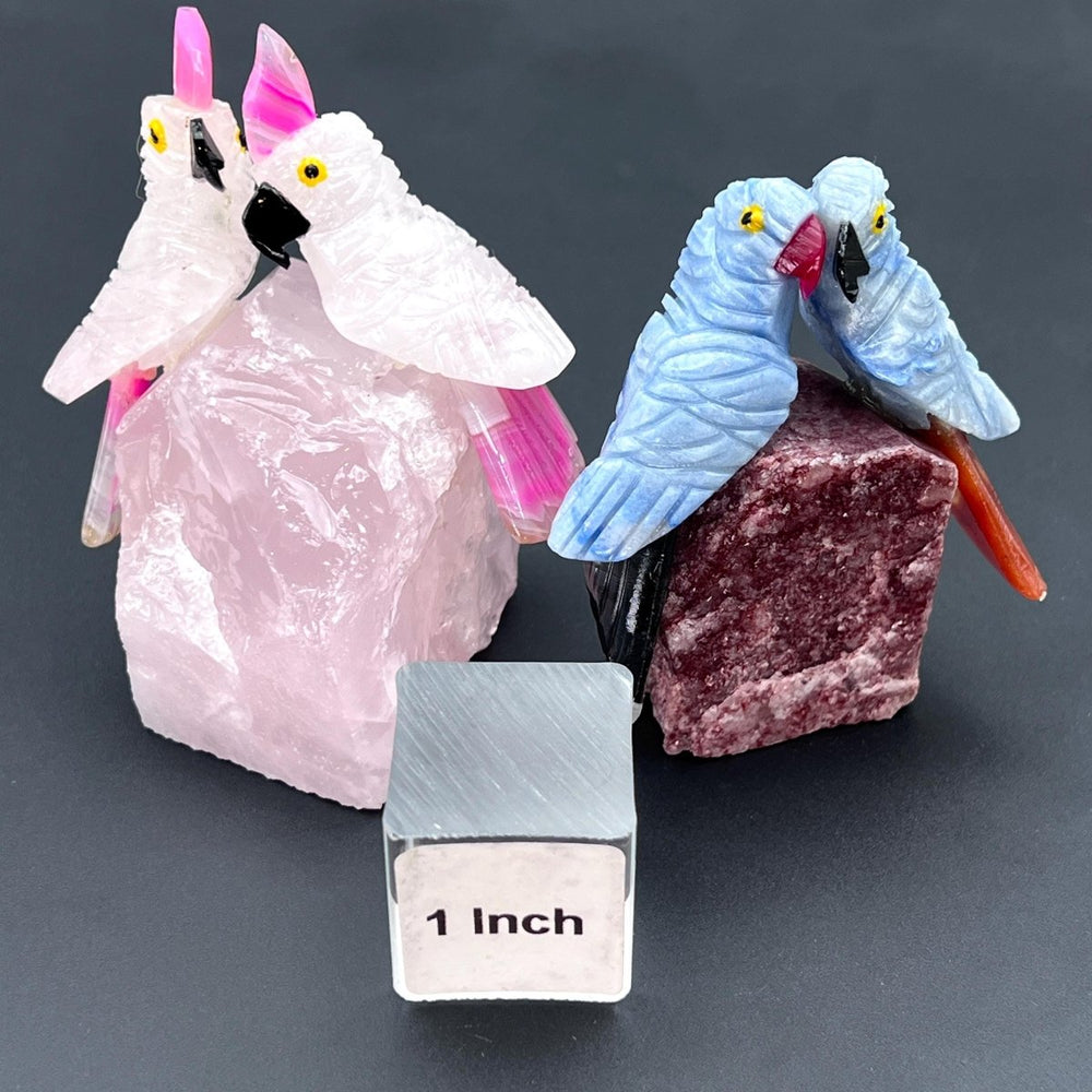 Mixed Gemstone Paired Small Birds Animal Figurine on Raw Stone BaseCrystal River Gems