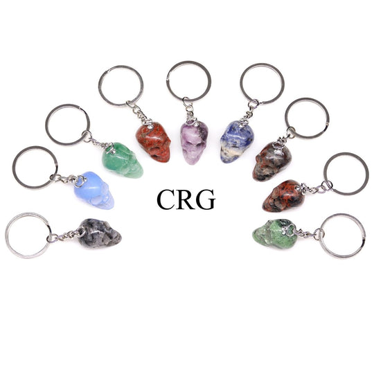 Mixed Gemstone Skull Keychains (10 Pieces) Size 3 Inches Assorted Crystal CarvingsCrystal River Gems