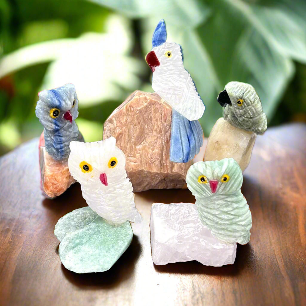 Mixed Gemstone Small Bird Animal Figurine on Raw Stone BaseCrystal River Gems