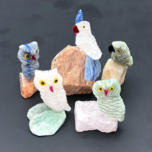 Mixed Gemstone Small Bird Animal Figurine on Raw Stone Base