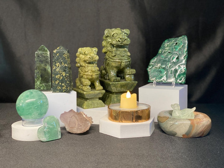 Mixed Green Crystals and Carvings Bundle Lot (11 Pieces) Bulk Wholesale Gemstone Décor CollectionCrystal River Gems