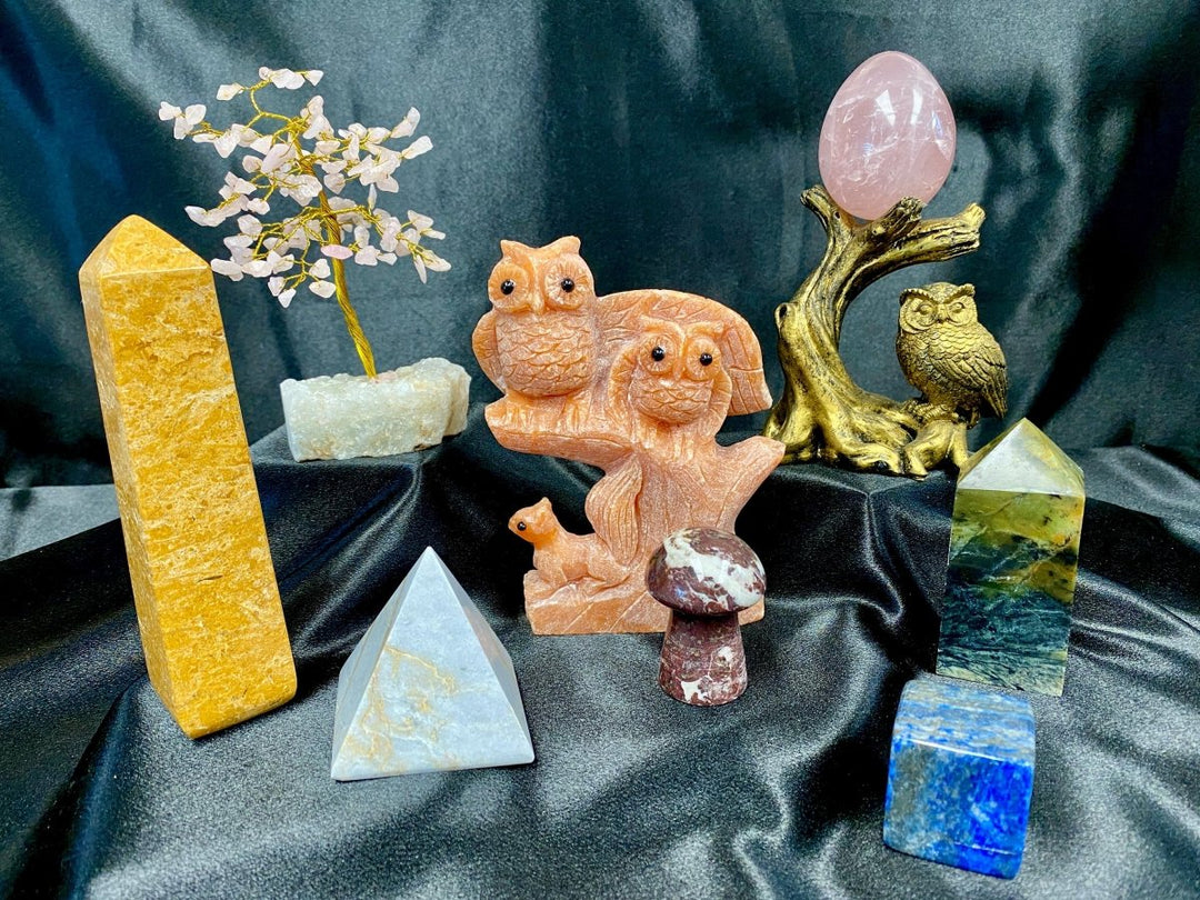 Mixed Owls and Carvings Bundle Lot (9 Pieces) Bulk Wholesale Gemstone Décor CollectionCrystal River Gems