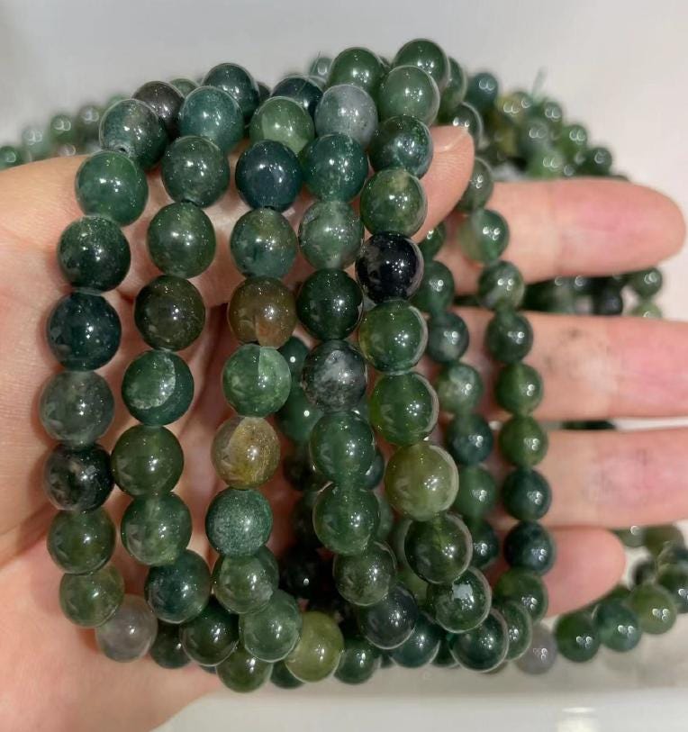Moss Agate Tumbled Bead Stretch BraceletCrystal River Gems