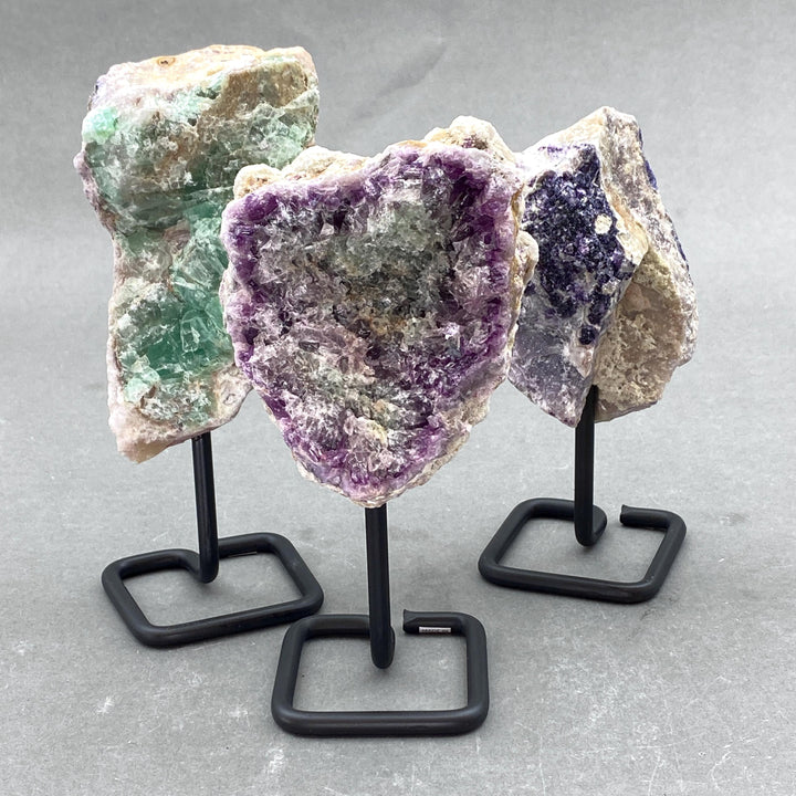 Multicolor Fluorite Rough Specimen on Metal StandCrystal River Gems