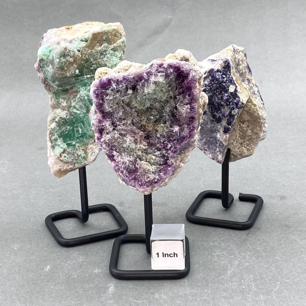 Multicolor Fluorite Rough Specimen on Metal StandCrystal River Gems