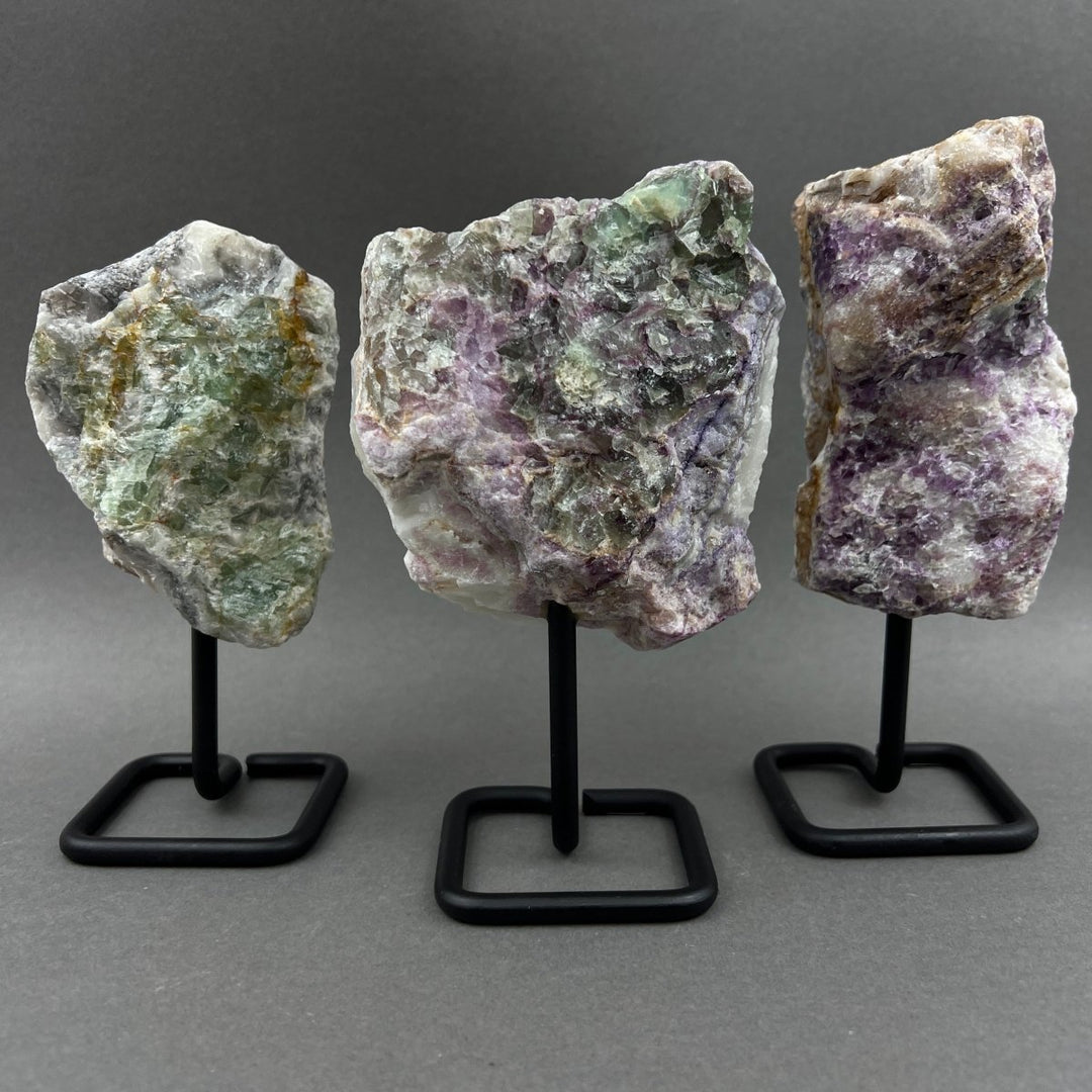 Multicolor Fluorite Rough Specimen on Metal StandCrystal River Gems