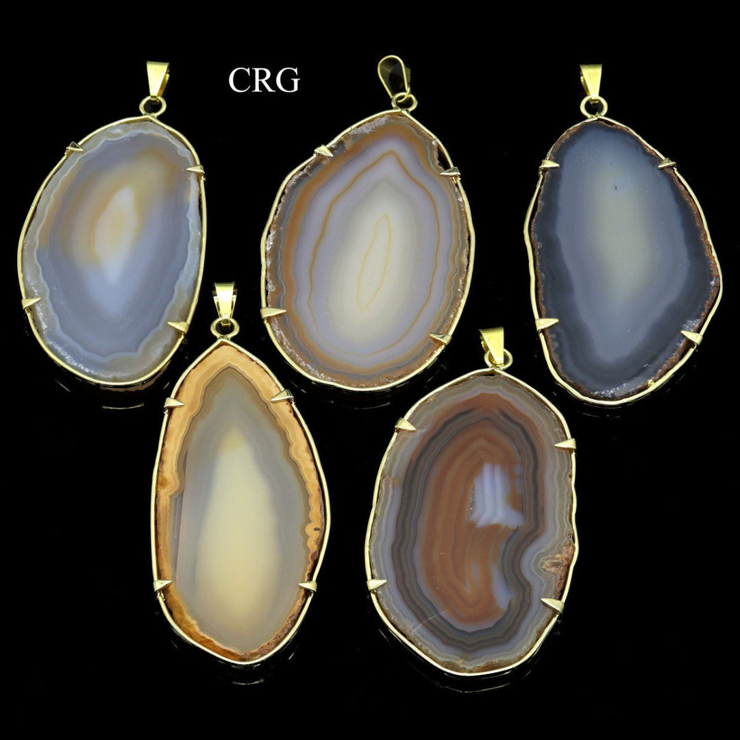 Natural Agate Slice Pendant with Gold Plating (4 Pieces) Size 2 to 3 Inches Crystal Jewelry Charm