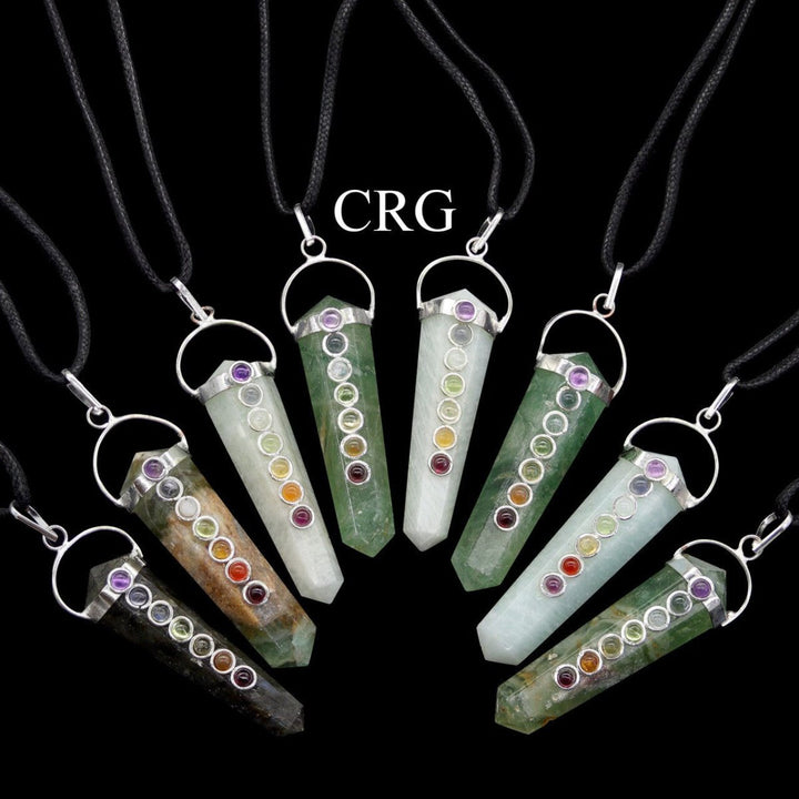 Obelisk Double Point Silver Plated Pendants with 7 Stone Detail and Black Cord (4 Pieces) Size 2 InchesCrystal River Gems