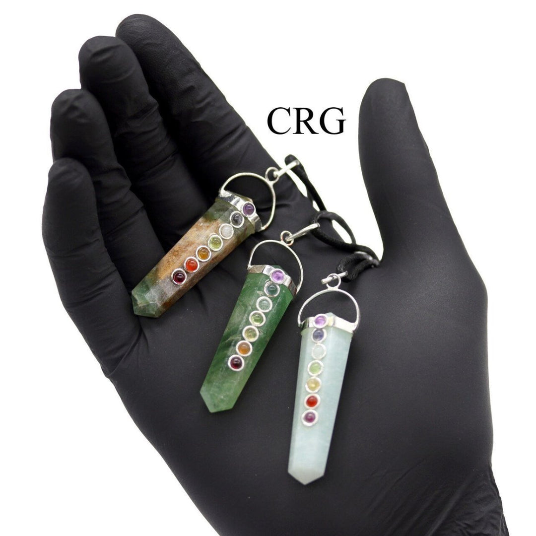 Obelisk Double Point Silver Plated Pendants with 7 Stone Detail and Black Cord (4 Pieces) Size 2 InchesCrystal River Gems