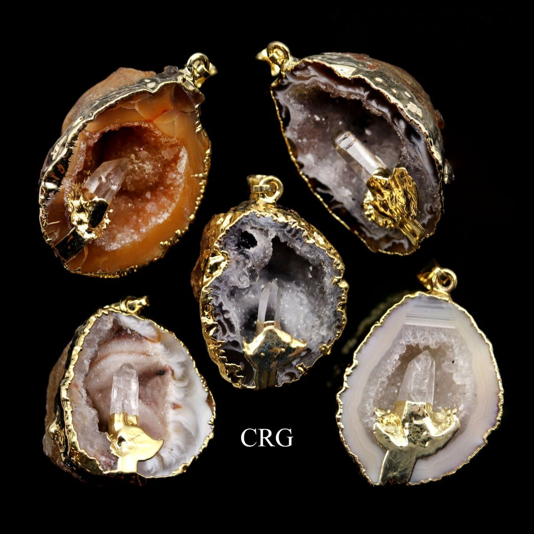 Oco Geode Half Pendant with Quartz Point and Gold Plating (4 Pieces) Size 1 to 2 Inches Crystal Jewelry CharmCrystal River Gems