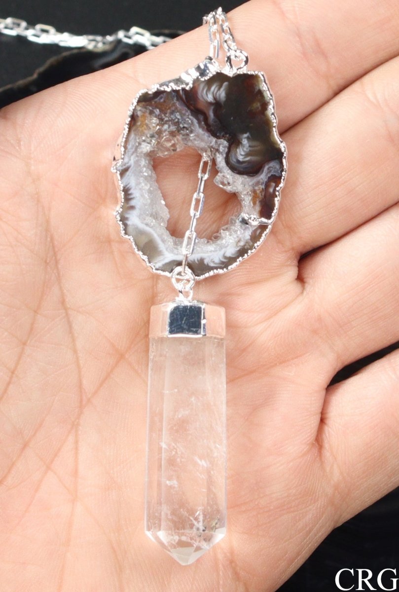 Oco Geode Necklace with Clear Quartz Point and Silver Plating (1 Piece) Size 24 Inches Crystal Jewelry Charm