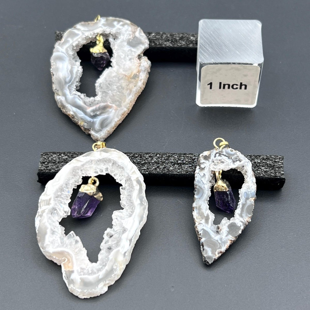 Oco Geode Slice Amethyst Point Dangle Gold PendantCrystal River Gems