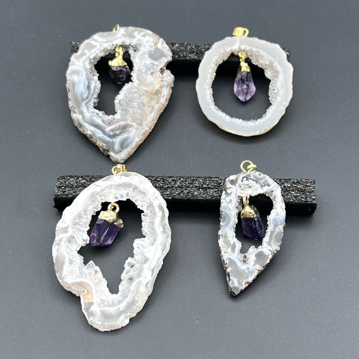 Oco Geode Slice Amethyst Point Dangle Gold PendantCrystal River Gems