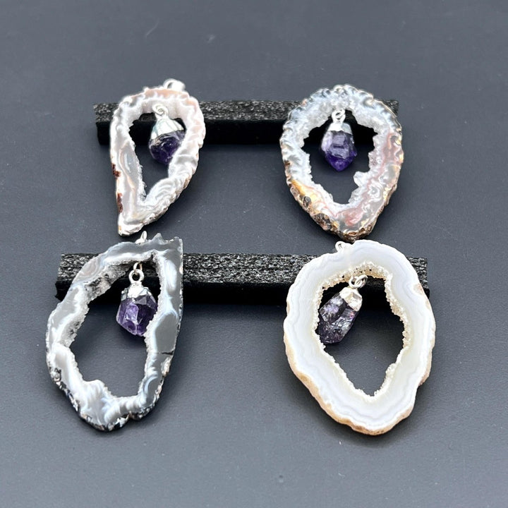 Oco Geode Slice Amethyst Point Dangle Silver PendantCrystal River Gems