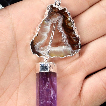 Oco Geode Slice Necklace with Amethyst Point and Silver Plating (1 Piece) Size 32 Inches Crystal Jewelry