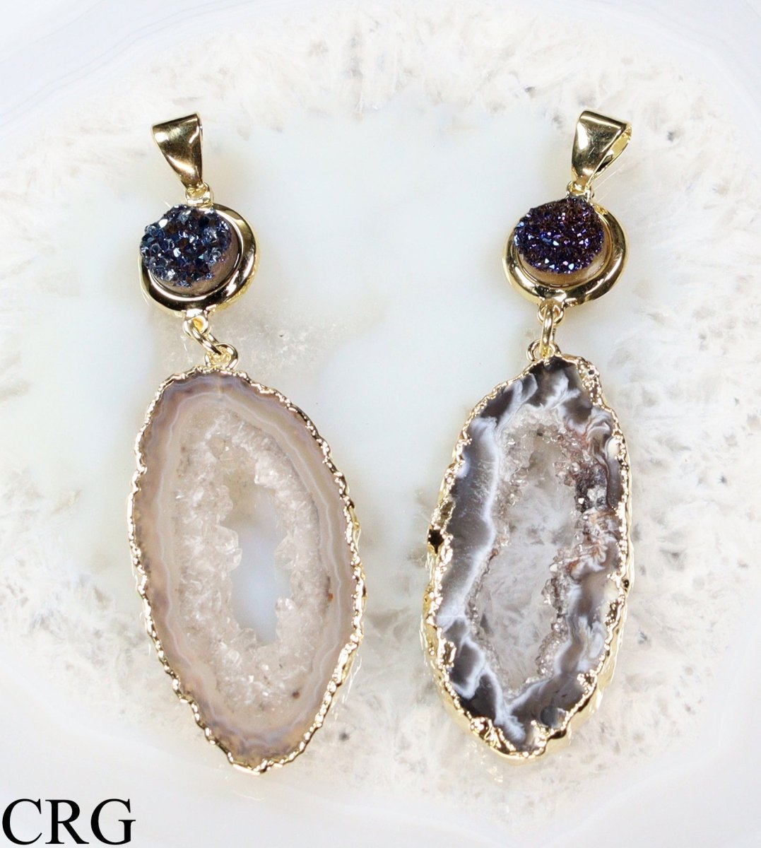 Oco Geode Slice Pendant (2.75 Inches) (1 Pc) Gold - Plated Titanium Aura Druzy Crystal CharmCrystal River Gems