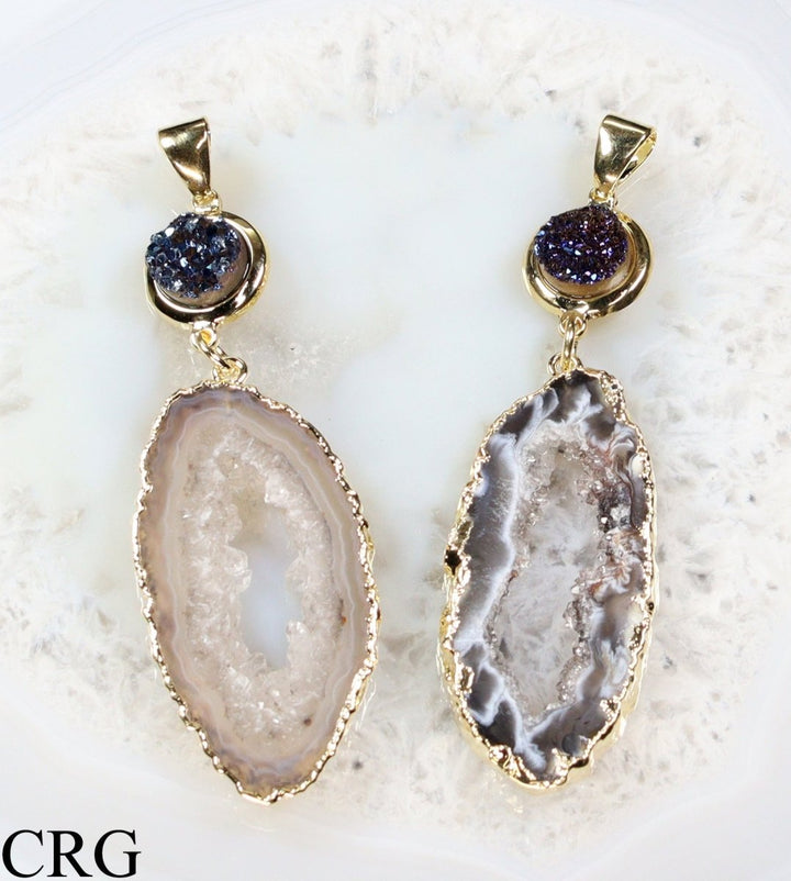 Oco Geode Slice Pendant (2.75 Inches) (1 Pc) Gold - Plated Titanium Aura Druzy Crystal CharmCrystal River Gems