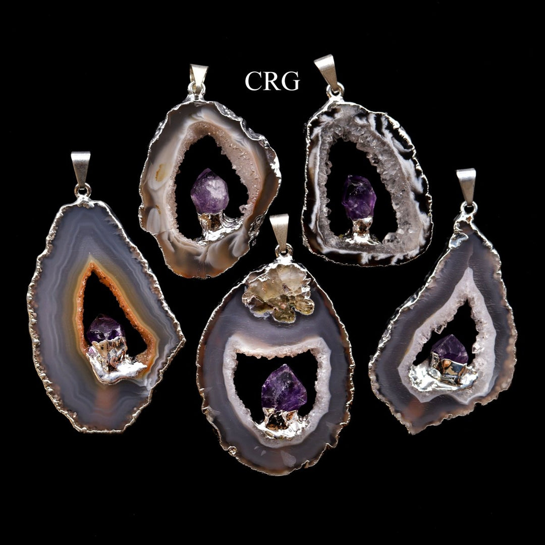 Oco Geode Slice Pendant with Amethyst Point and Silver Plating (4 Pieces) Size 1.5 to 2.5 Inches Crystal Jewelry Charm