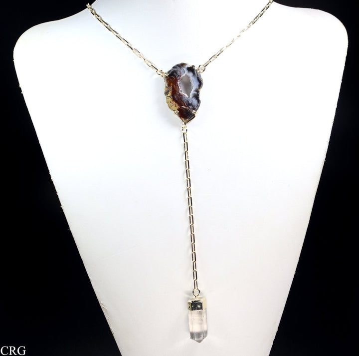 Oco Geode Slice Y Chain Gold Plated Necklace with Quartz Point (24 Inches) (1 Piece)Crystal River Gems