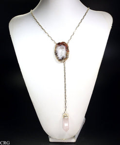 Oco Geode Slice Y Chain Gold Plated Necklace with Rose Quartz Point (24 Inches) (1 Piece)
