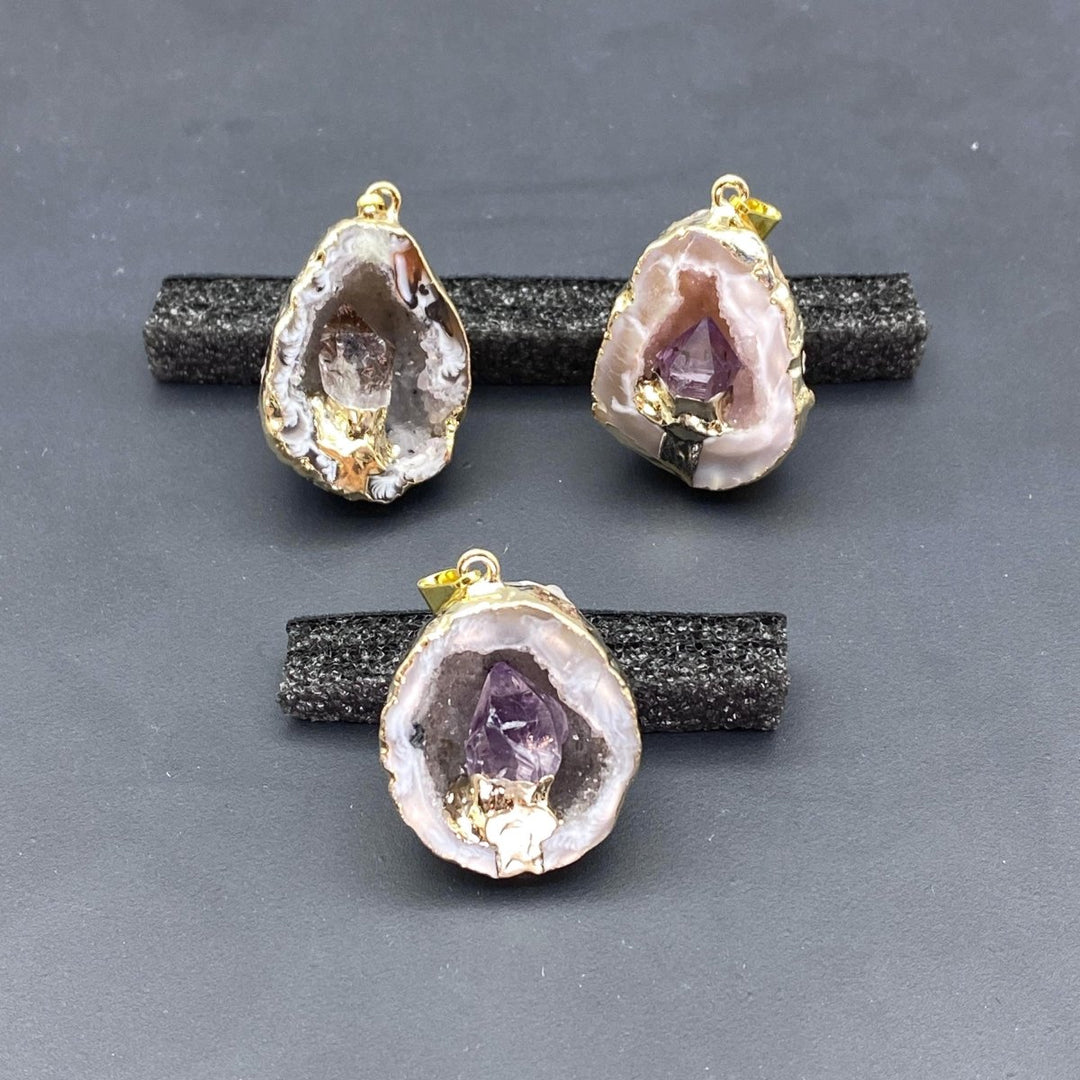 Oco Half Geode Gold Pendant with Amethyst PointCrystal River Gems