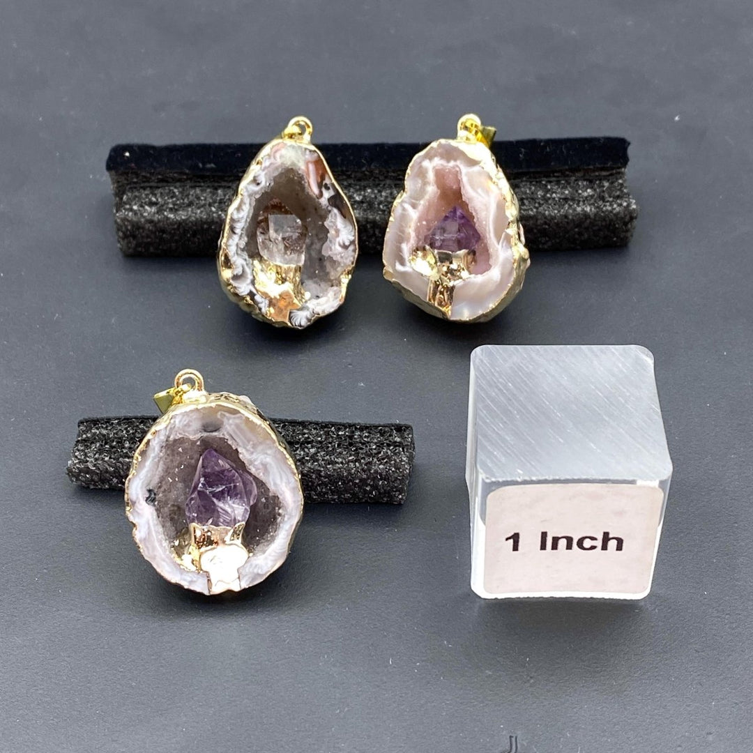 Oco Half Geode Gold Pendant with Amethyst PointCrystal River Gems