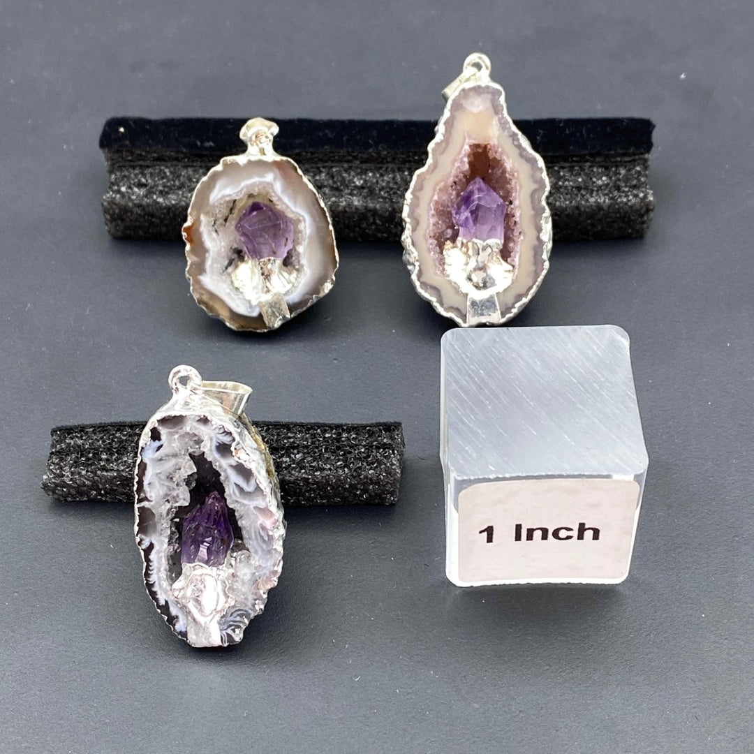 Oco Half Geode Silver Pendant with Amethyst PointCrystal River Gems