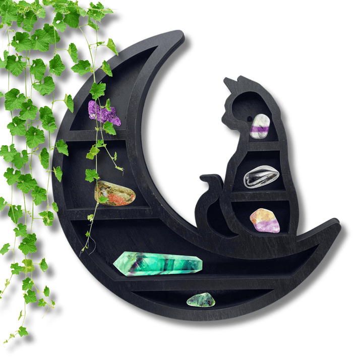 Painted Black Wood Crescent Moon and Cat Hanging Display ShelfCrystal River Gems